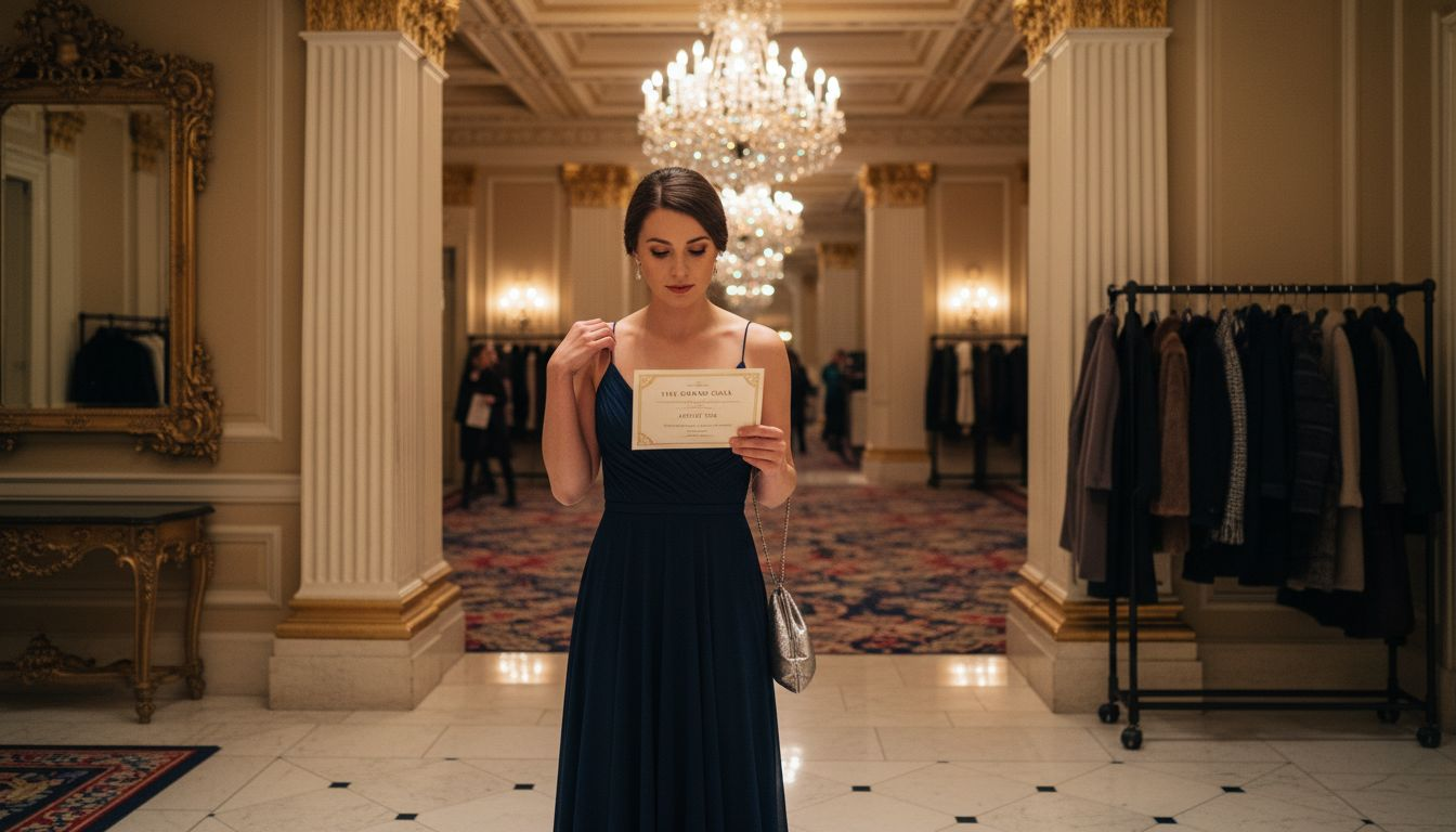 Woman adjusting dress at formal event entrance