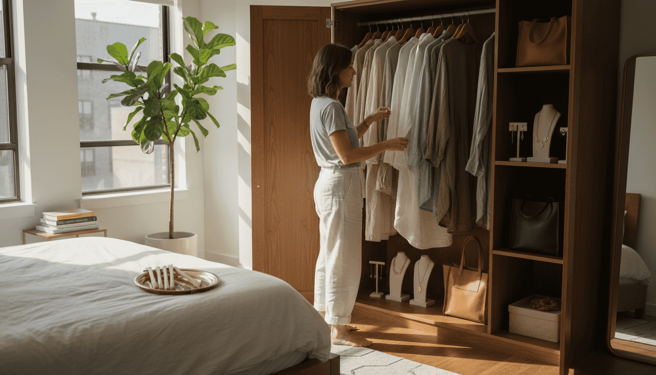 Woman selecting sustainable luxury fashion in wardrobe