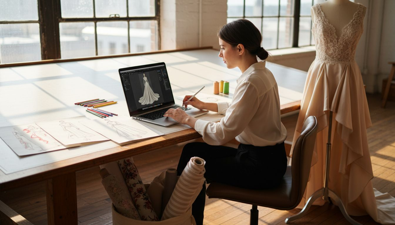 3D fashion designer at drafting table studio