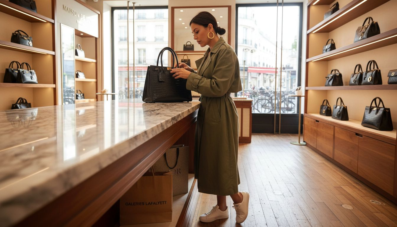 Une femme hésite entre plusieurs sacs de créateur dans une boutique chic à Paris.