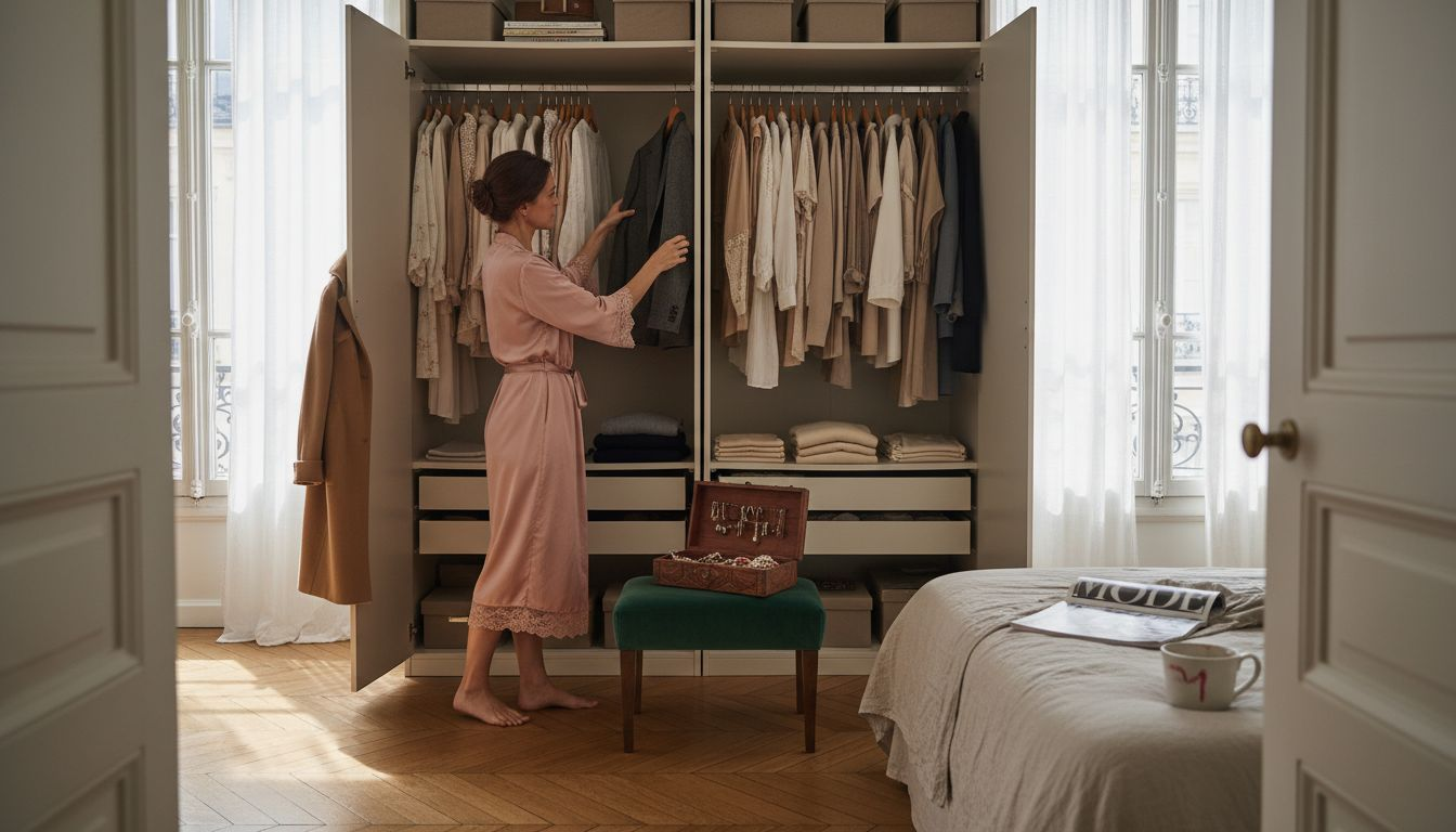 Une femme en pleine hésitation devant sa garde-robe capsule haut de gamme, prenant le temps de sélectionner la tenue idéale.