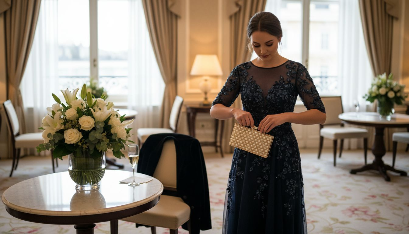Una mujer luce un clutch de firma mientras asiste a un evento de gala.