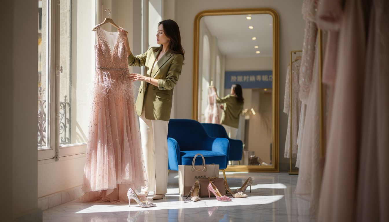 一位女士正在高端时尚精品店挑选心仪的服饰，享受精致购物的惬意时光。
