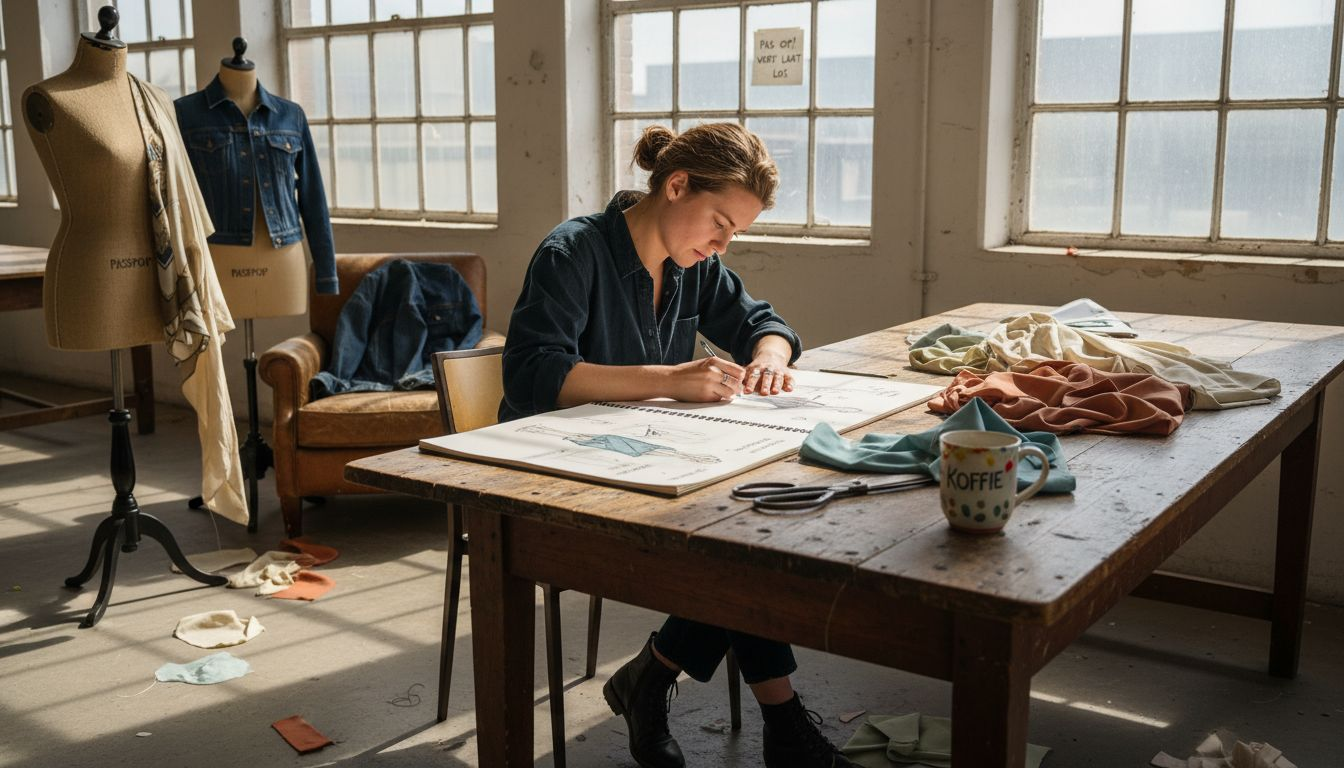 Een pipeline modeontwerper werkt aan nieuwe schetsen in een moderne stadsstudio.