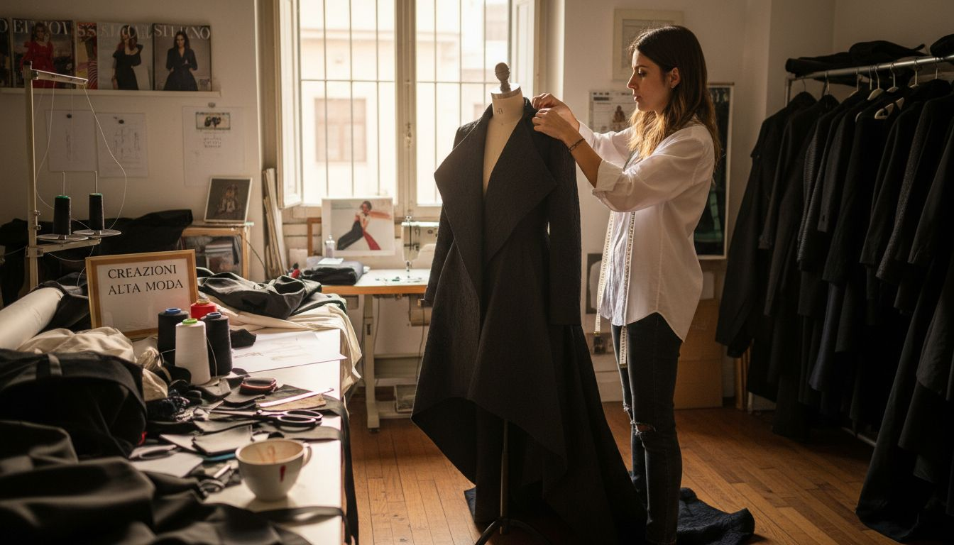 Un designer di moda mette a punto un cappotto dallo stile innovativo nel suo atelier.
