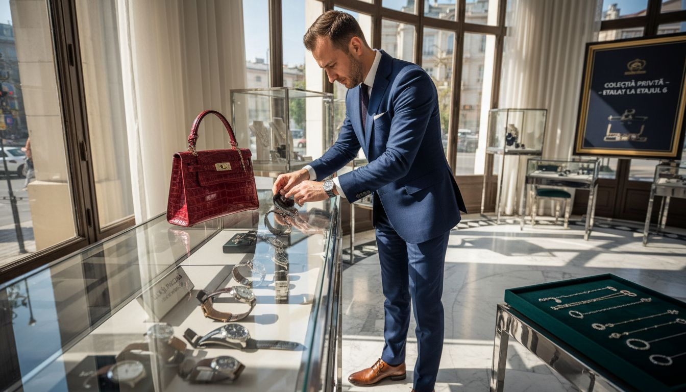 Un curator pune la punct selecția de accesorii de lux din showroom, aranjând fiecare piesă cu grijă pentru a evidenția eleganța și rafinamentul colecției.
