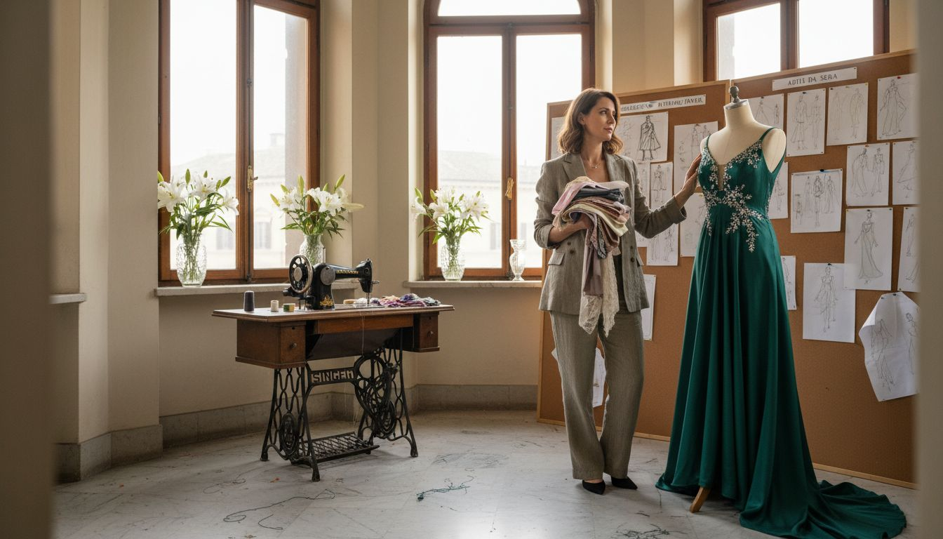Stilista all’opera in un raffinato atelier di alta moda