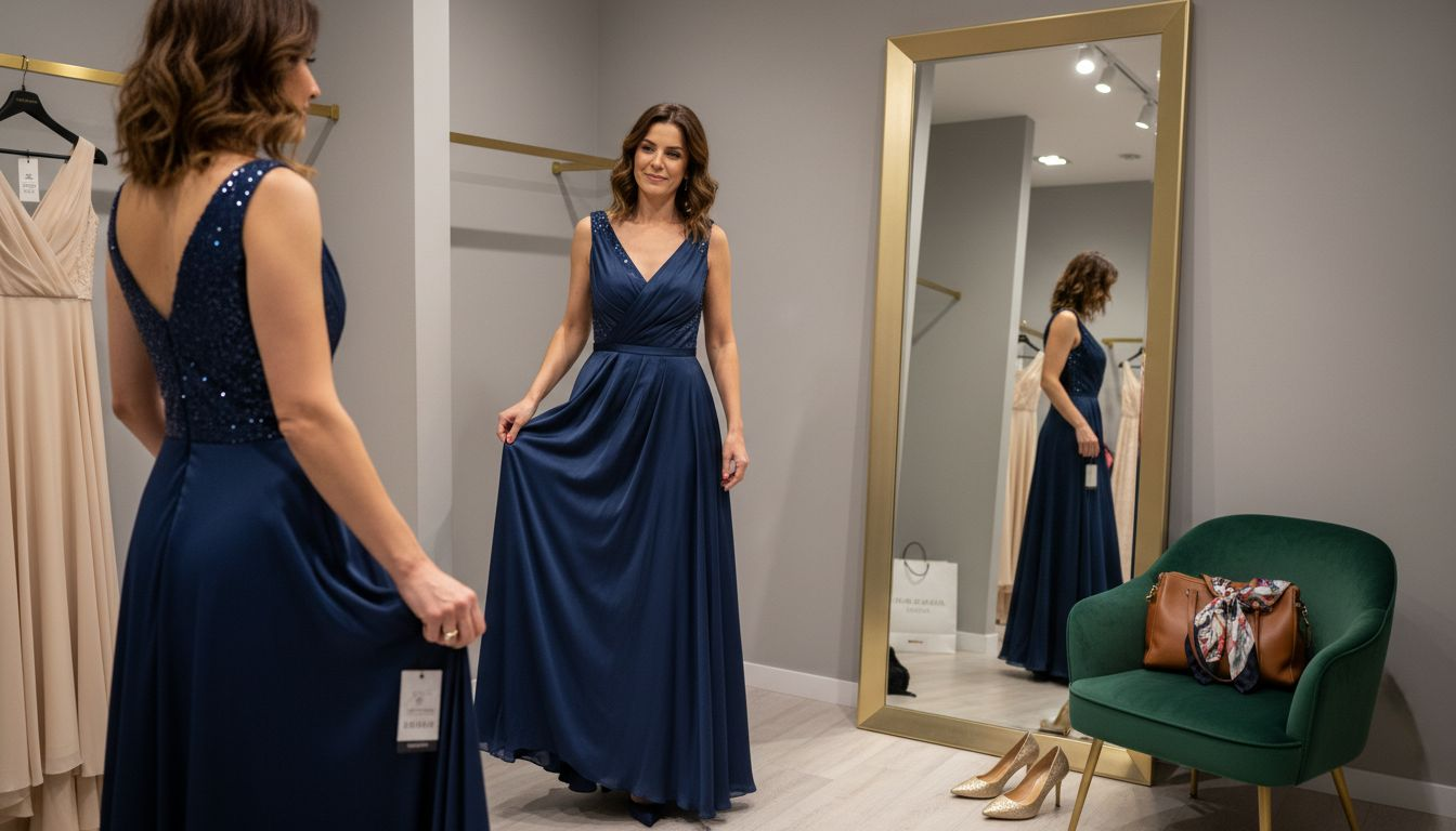 Senhora experimenta um vestido de cerimónia numa loja de roupa
