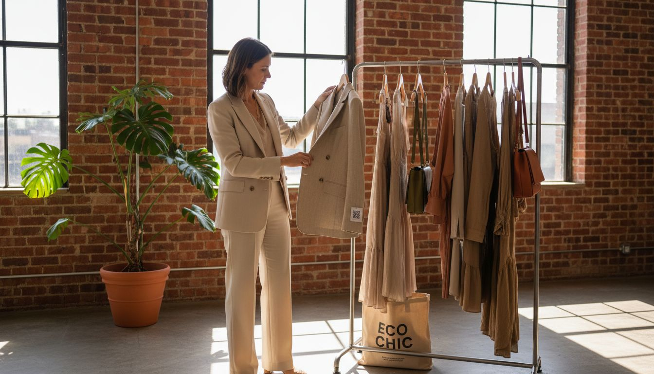 Buyer inspecting eco-friendly luxury blazer in boutique