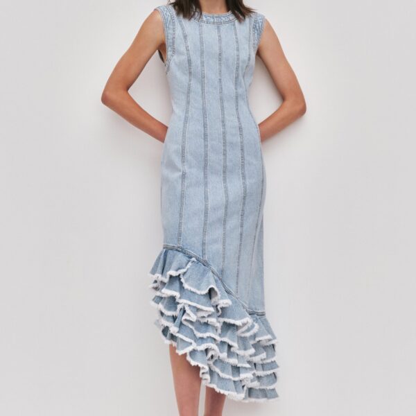 Tia Ruffle Denim Midi Dress