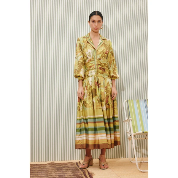 Alemais Maxi Silk Ruched Shirtdress  Sustainable Dresses with Alemais print - Coveti Australian Designer