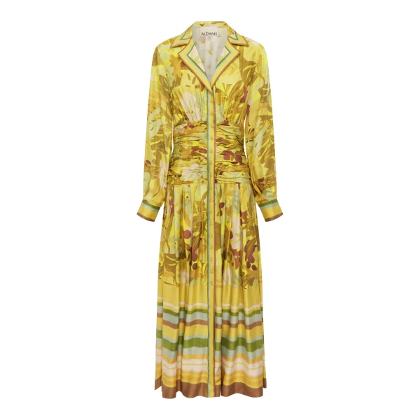 Alemais Maxi Silk Ruched Shirtdress  Sustainable Dresses with Alemais print - Coveti Australian Designer