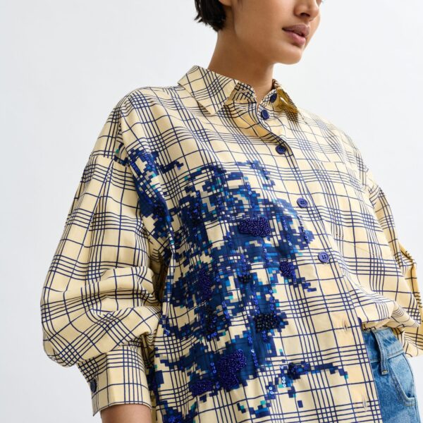 Essentiel Antwerp Beige and dark blue checked oversized cotton shirt with floral sequin and bead embellishment - Essentiel Antwerp Shirts - Colorful Belgian Design - Shop at Coveti