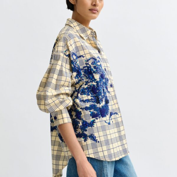 Essentiel Antwerp Beige and dark blue checked oversized cotton shirt with floral sequin and bead embellishment - Essentiel Antwerp Shirts - Colorful Belgian Design - Shop at Coveti