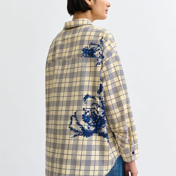 Essentiel Antwerp Beige and dark blue checked oversized cotton shirt with floral sequin and bead embellishment - Essentiel Antwerp Shirts - Colorful Belgian Design - Shop at Coveti