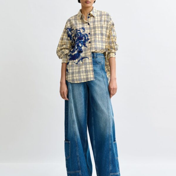 Essentiel Antwerp Beige and dark blue checked oversized cotton shirt with floral sequin and bead embellishment - Essentiel Antwerp Shirts - Colorful Belgian Design - Shop at Coveti