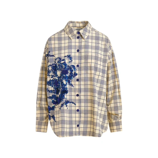 Essentiel Antwerp Beige and dark blue checked oversized cotton shirt with floral sequin and bead embellishment - Essentiel Antwerp Shirts - Colorful Belgian Design - Shop at Coveti