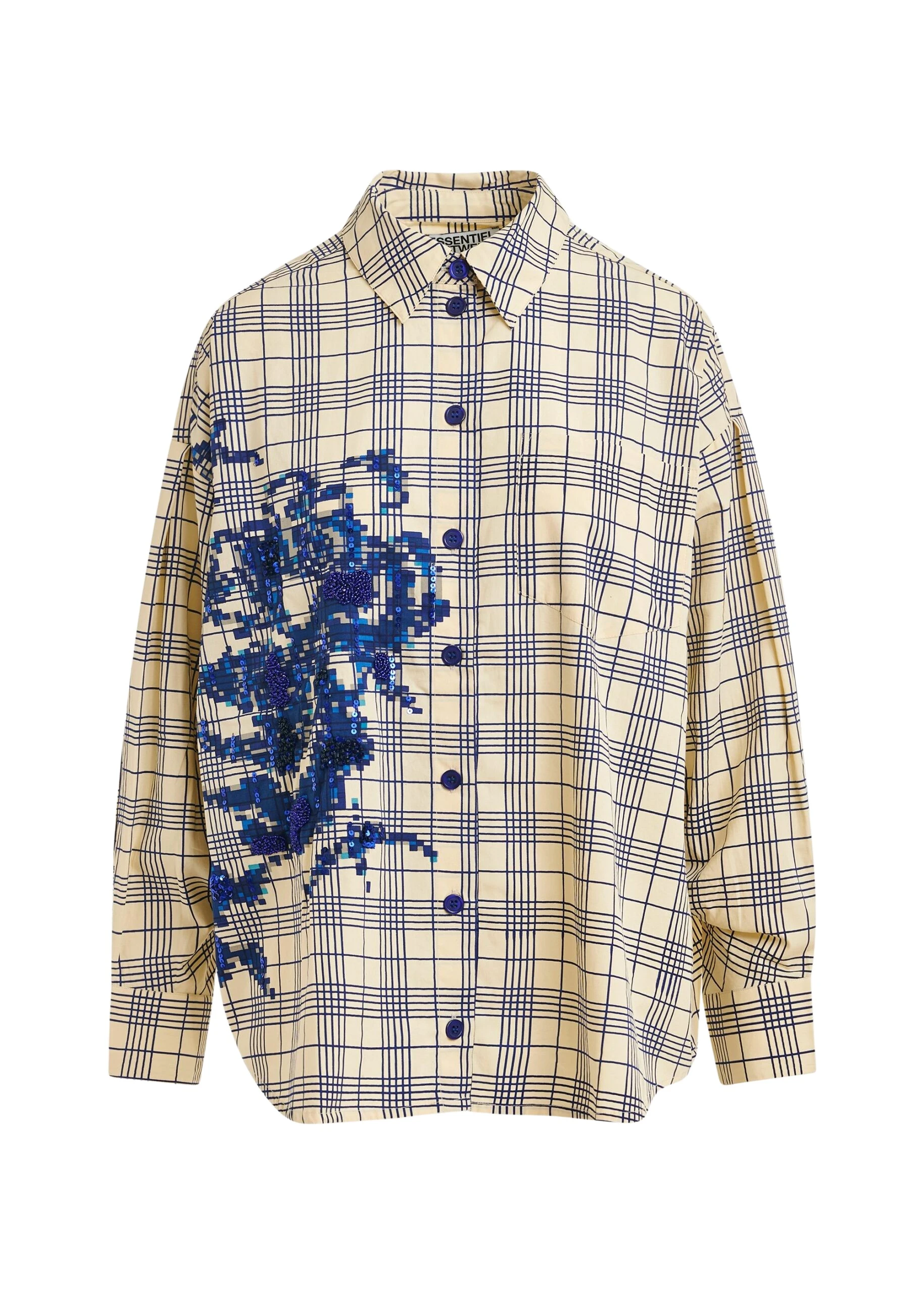 Beige-and-dark-blue-checked-oversized-cotton-shirt-with-floral-sequin-and-bead-embellishment-Essentiel-Antwerp-Shirts-scaled13928_nobg Essentiel Antwerp Beige and dark blue checked oversized cotton shirt with floral sequin and bead embellishment - Essentiel Antwerp Shirts - Colorful Belgian Design - Shop at Coveti
