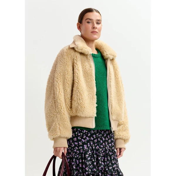 Essentiel Antwerp Beige oversized faux shearling bomber jacket, view 2