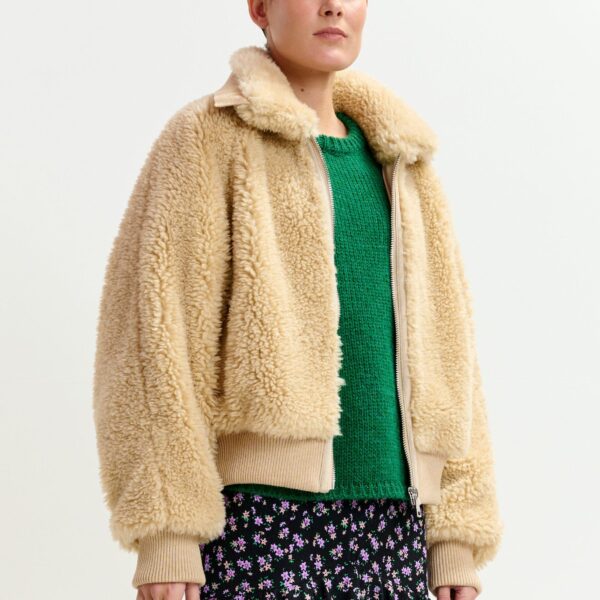 Essentiel Antwerp Beige oversized faux shearling bomber jacket - Essentiel Antwerp Jackets - Colorful Belgian Design - Shop at Coveti