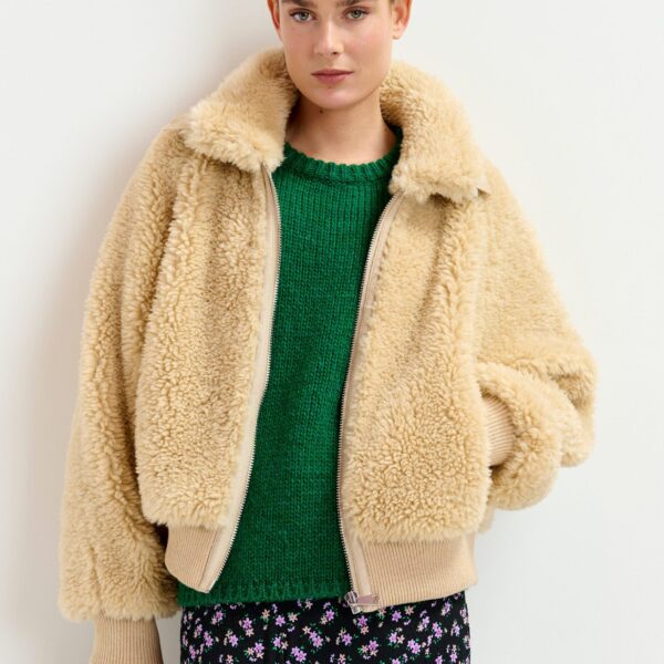 Essentiel Antwerp Beige oversized faux shearling bomber jacket - Essentiel Antwerp Jackets - Colorful Belgian Design - Shop at Coveti
