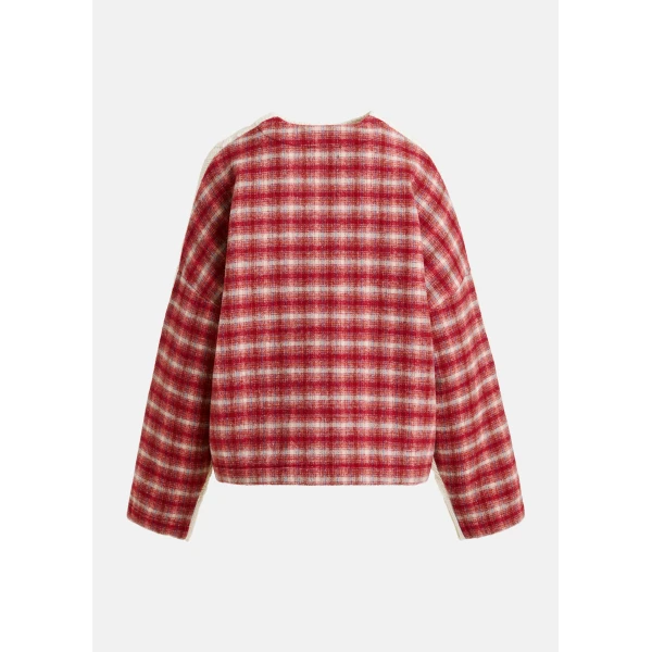 Essentiel Antwerp Beige, red and off-white cable-knit wool-blend sweater with checked back panel, view 2