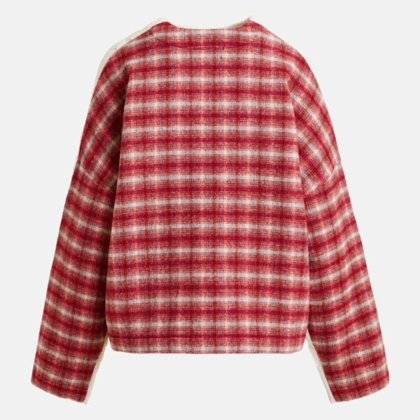 red and off-white cable-knit wool-blend sweater with checked back panel - Essentiel Antwerp Knitwear - Colorful Belgian Design - Shop at Coveti