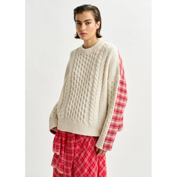 Essentiel Antwerp Beige, red and off-white cable-knit wool-blend sweater with checked back panel, view 3