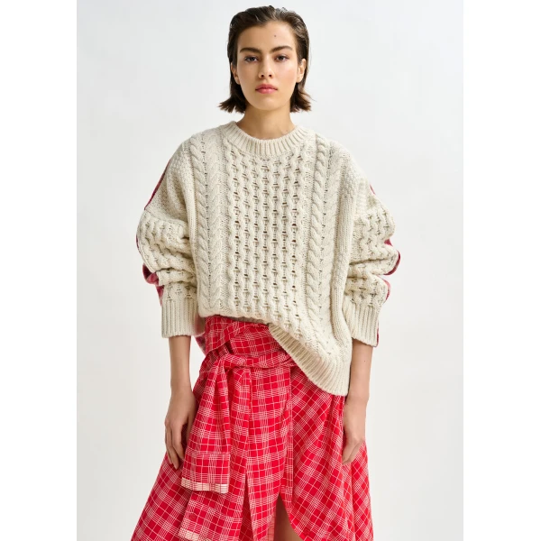 Essentiel Antwerp Beige, red and off-white cable-knit wool-blend sweater with checked back panel, view 4