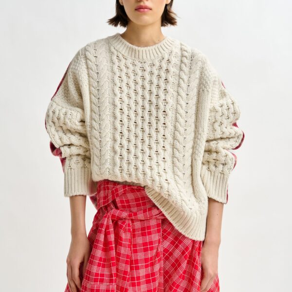 red and off-white cable-knit wool-blend sweater with checked back panel - Essentiel Antwerp Knitwear - Colorful Belgian Design - Shop at Coveti