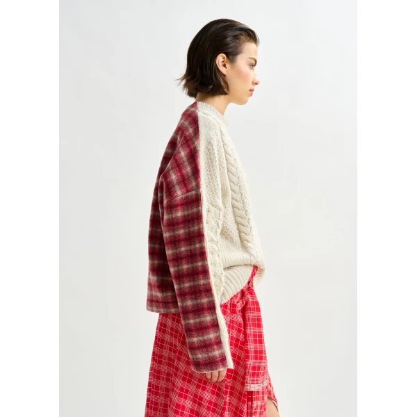 Essentiel Antwerp Beige, red and off-white cable-knit wool-blend sweater with checked back panel, view 5