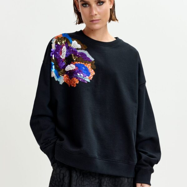 Essentiel Antwerp Black and multicolor cotton sweatshirt with floral sequin and bead-embellished embroidery - Essentiel Antwerp Shirts - Colorful Belgian Design - Shop at Coveti