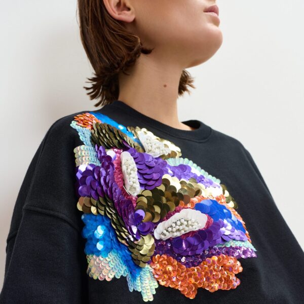 Essentiel Antwerp Black and multicolor cotton sweatshirt with floral sequin and bead-embellished embroidery - Essentiel Antwerp Shirts - Colorful Belgian Design - Shop at Coveti