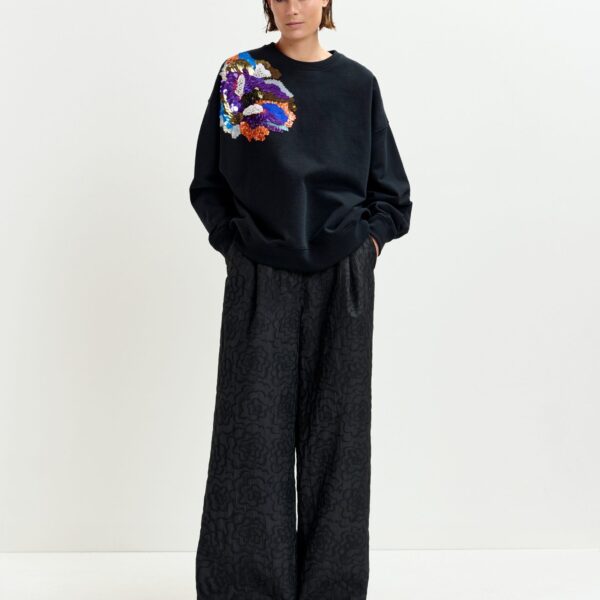 Essentiel Antwerp Black and multicolor cotton sweatshirt with floral sequin and bead-embellished embroidery - Essentiel Antwerp Shirts - Colorful Belgian Design - Shop at Coveti