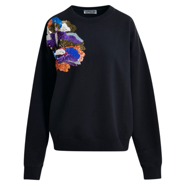 Essentiel Antwerp Black and multicolor cotton sweatshirt with floral sequin and bead-embellished embroidery - Essentiel Antwerp Shirts - Colorful Belgian Design - Shop at Coveti