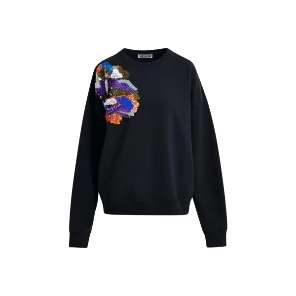 Essentiel Antwerp Black and multicolor cotton sweatshirt with floral sequin and bead-embellished embroidery - Essentiel Antwerp Shirts - Colorful Belgian Design - Shop at Coveti