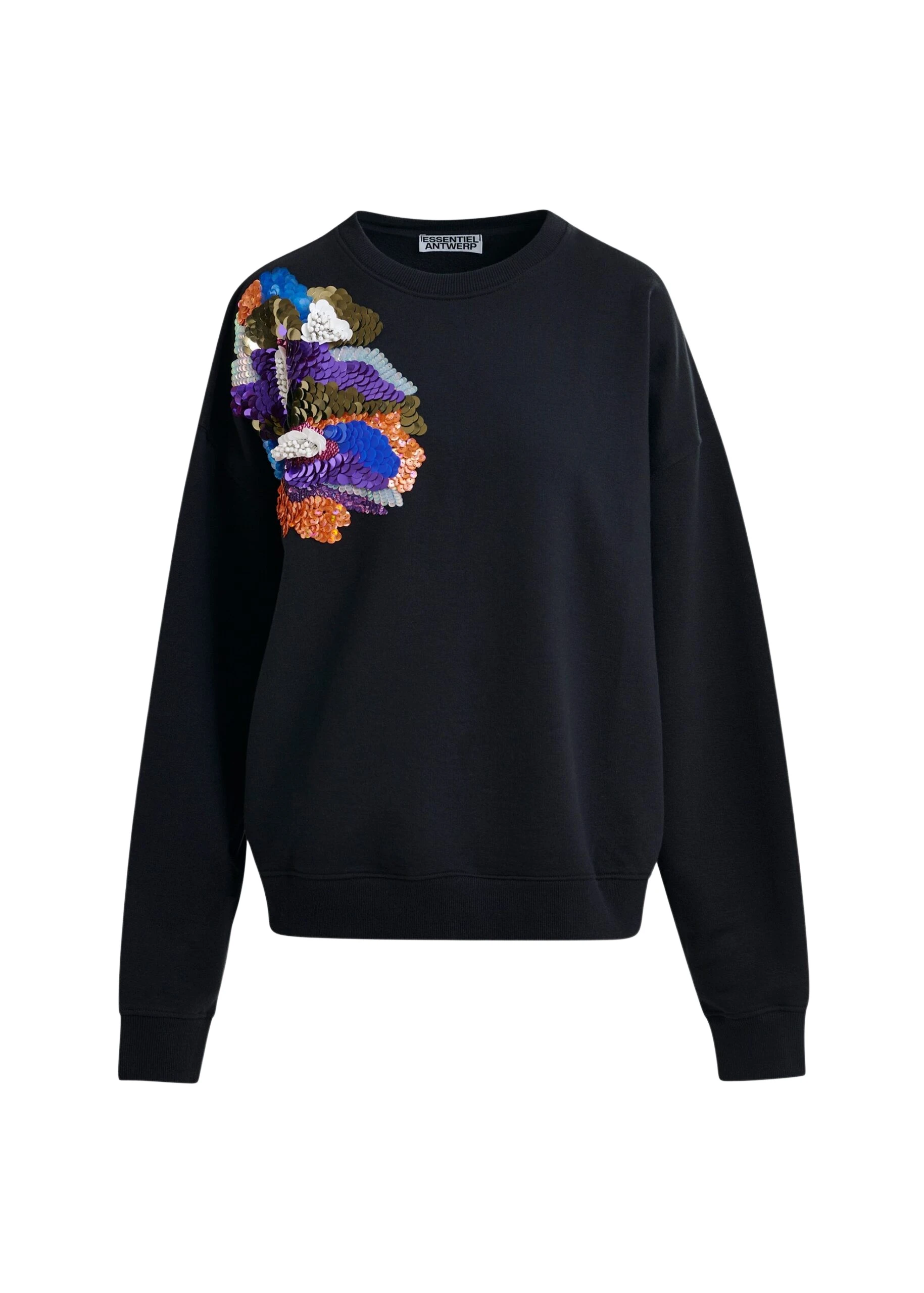 Essentiel Antwerp Black and multicolor cotton sweatshirt with floral sequin and bead-embellished embroidery - Essentiel Antwerp Shirts - Colorful Belgian Design - Shop at Coveti