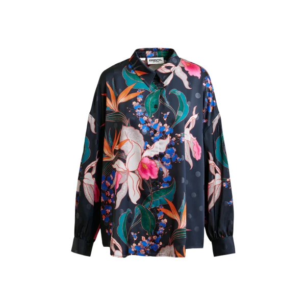 Essentiel Antwerp Black and multicolor oversized shirt with pleated cuffs - Essentiel Antwerp Shirts - Colorful Belgian Design - Shop at Coveti