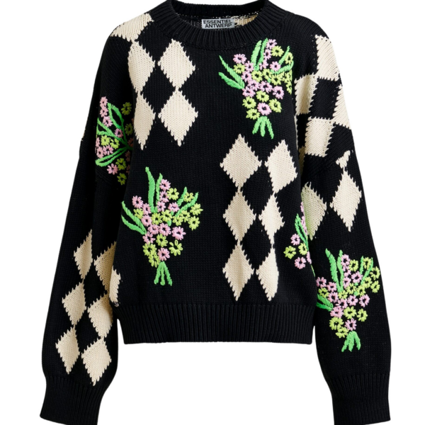 Essentiel Antwerp Black and off-white oversized jacquard knit sweater - Essentiel Antwerp Jackets - Colorful Belgian Design - Shop at Coveti