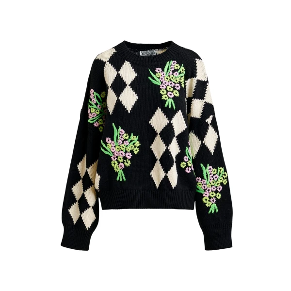 Essentiel Antwerp Black and off-white oversized jacquard knit sweater - Essentiel Antwerp Jackets - Colorful Belgian Design - Shop at Coveti