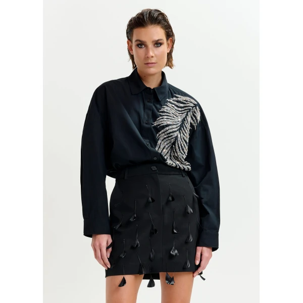 Essentiel Antwerp Black and silver oversized cotton shirt with sequin and bead embellishment, view 2
