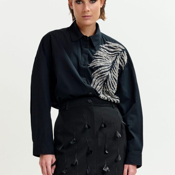 Essentiel Antwerp Black and silver oversized cotton shirt with sequin and bead embellishment - Essentiel Antwerp Shirts - Colorful Belgian Design - Shop at Coveti