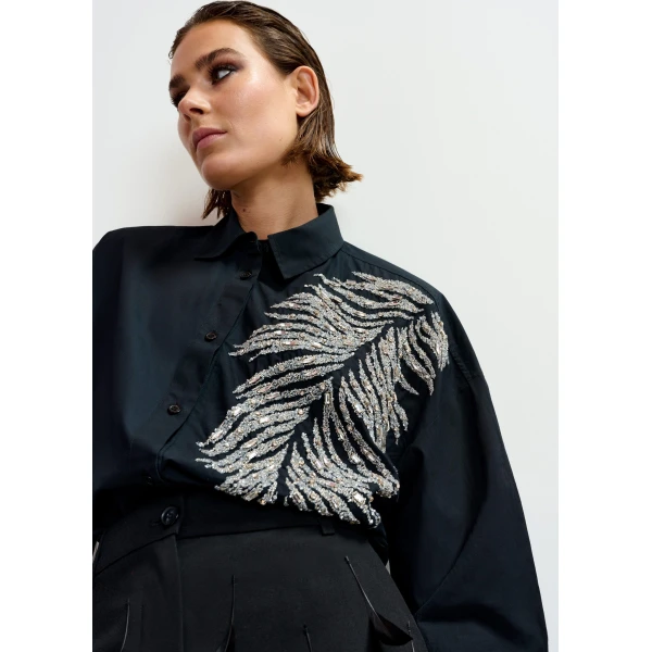 Essentiel Antwerp Black and silver oversized cotton shirt with sequin and bead embellishment, view 3