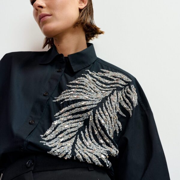 Essentiel Antwerp Black and silver oversized cotton shirt with sequin and bead embellishment - Essentiel Antwerp Shirts - Colorful Belgian Design - Shop at Coveti