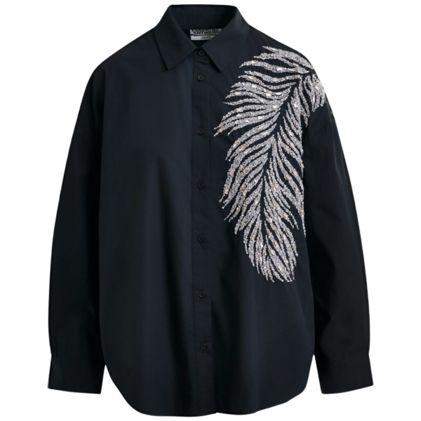 Essentiel Antwerp Black and silver oversized cotton shirt with sequin and bead embellishment - Essentiel Antwerp Shirts - Colorful Belgian Design - Shop at Coveti
