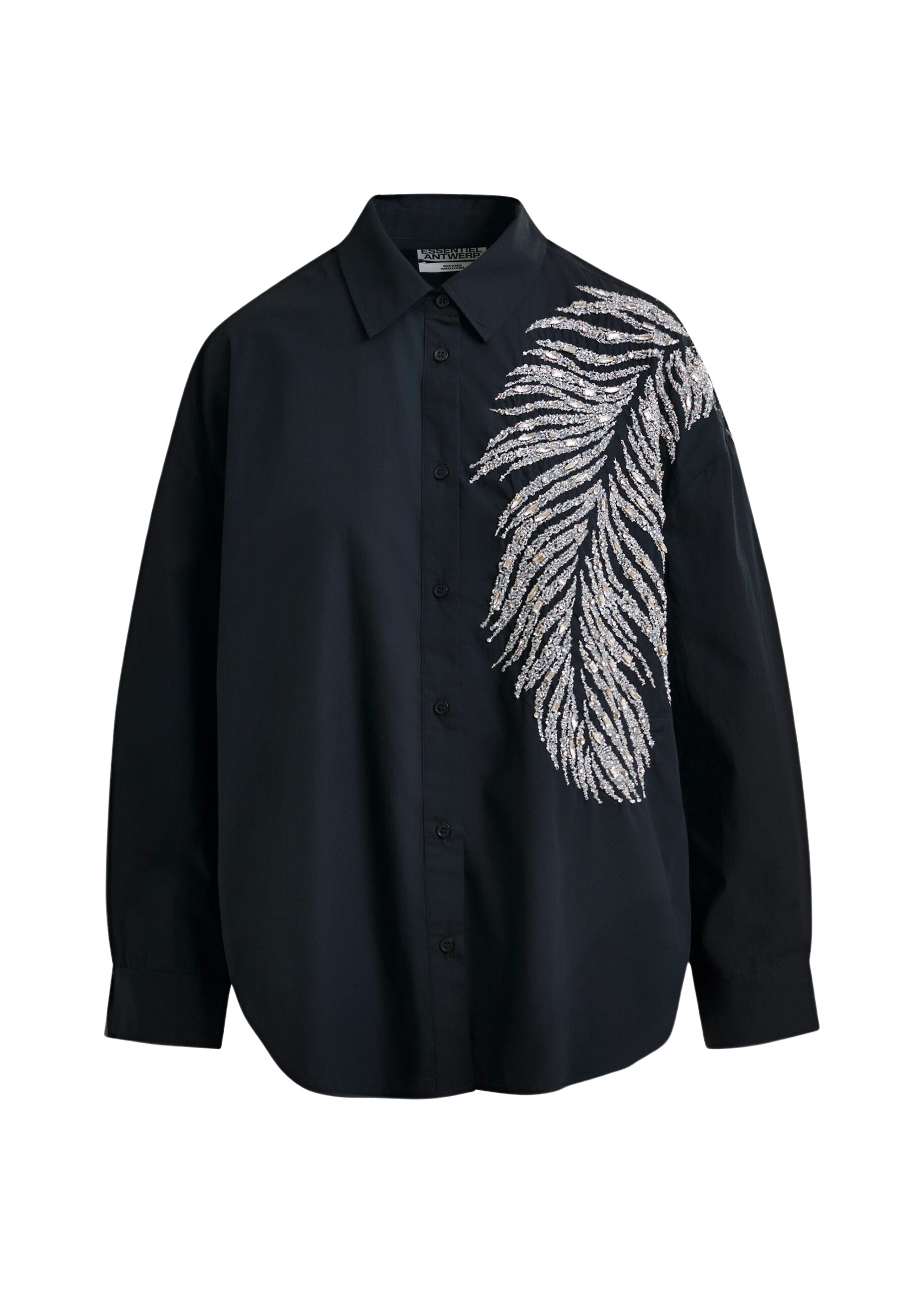 Essentiel Antwerp Black and silver oversized cotton shirt with sequin and bead embellishment - Essentiel Antwerp Shirts - Colorful Belgian Design - Shop at Coveti