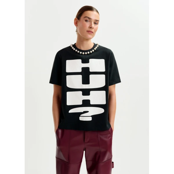 Essentiel Antwerp Black and white cotton T-shirt with “HUH?”- print and bead embellishments Top, view 2