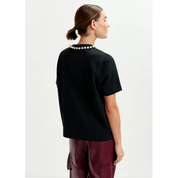 Essentiel Antwerp Black and white cotton T-shirt with “HUH?”- print and bead embellishments Top, view 3