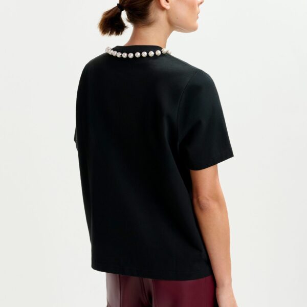 Essentiel Antwerp Black and white cotton T-shirt with "HUH?"- print and bead embellishments - Essentiel Antwerp Shirts - Colorful Belgian Design - Shop at Coveti