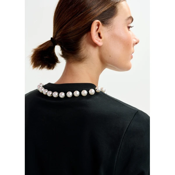 Essentiel Antwerp Black and white cotton T-shirt with “HUH?”- print and bead embellishments Top, view 4